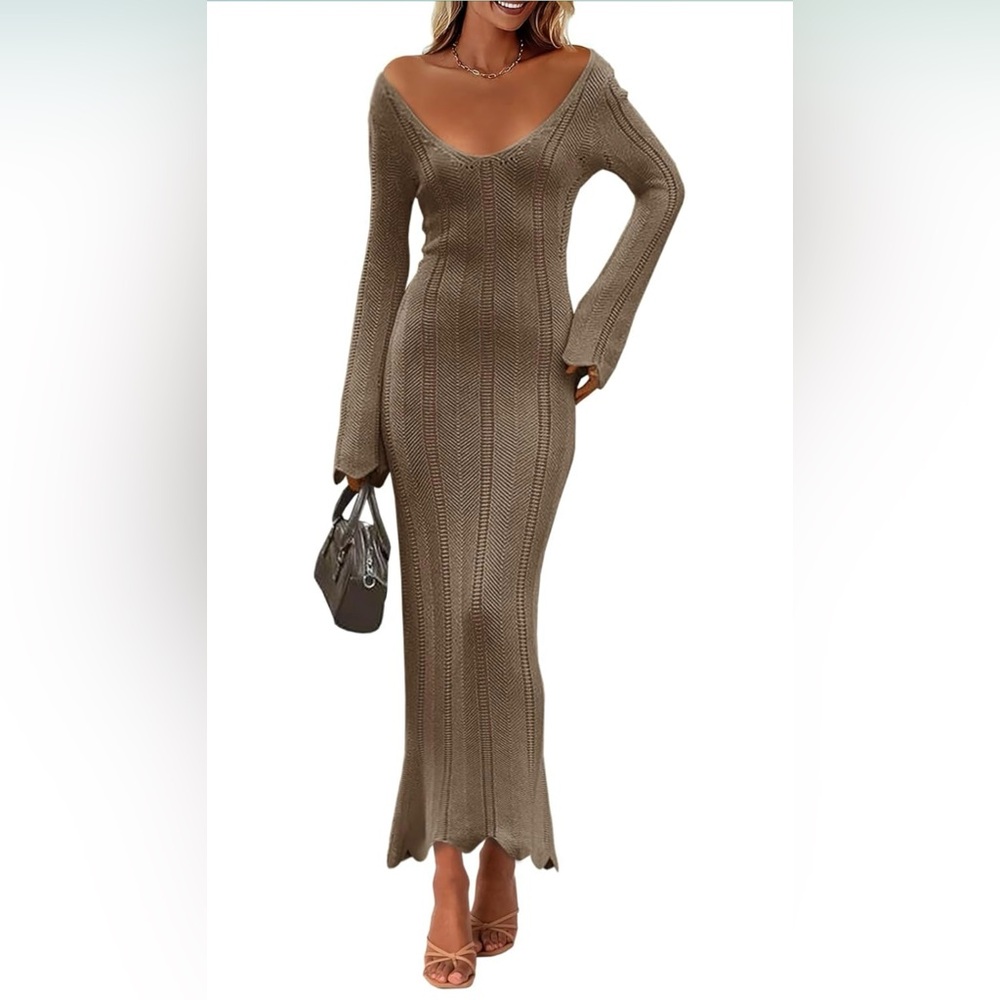 Elegant Tan Knit Maxi Dress
